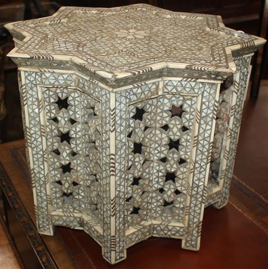 An Islamic mother of pearl and bone inlaid low occasional table, W.1ft 6.5in.